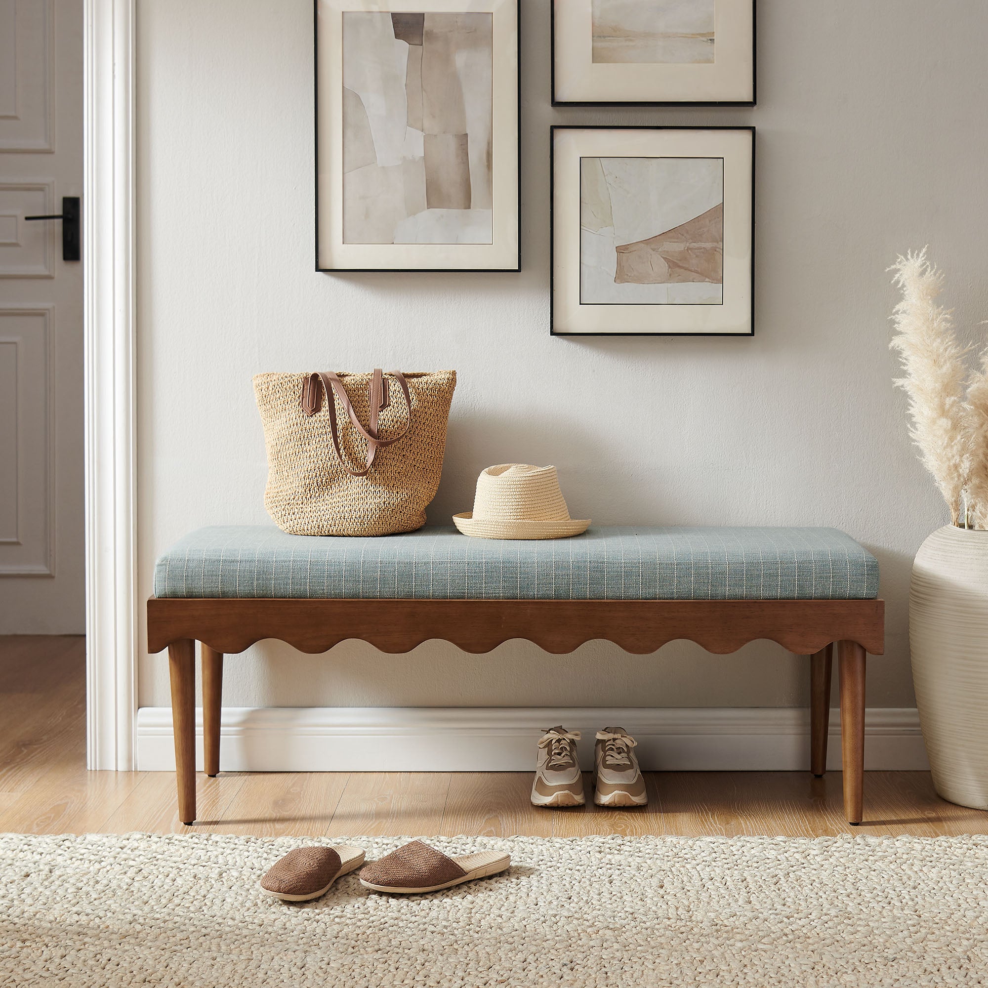 Mirette Scalloped Edge Striped Accent Bench - Spa Blue Stripe