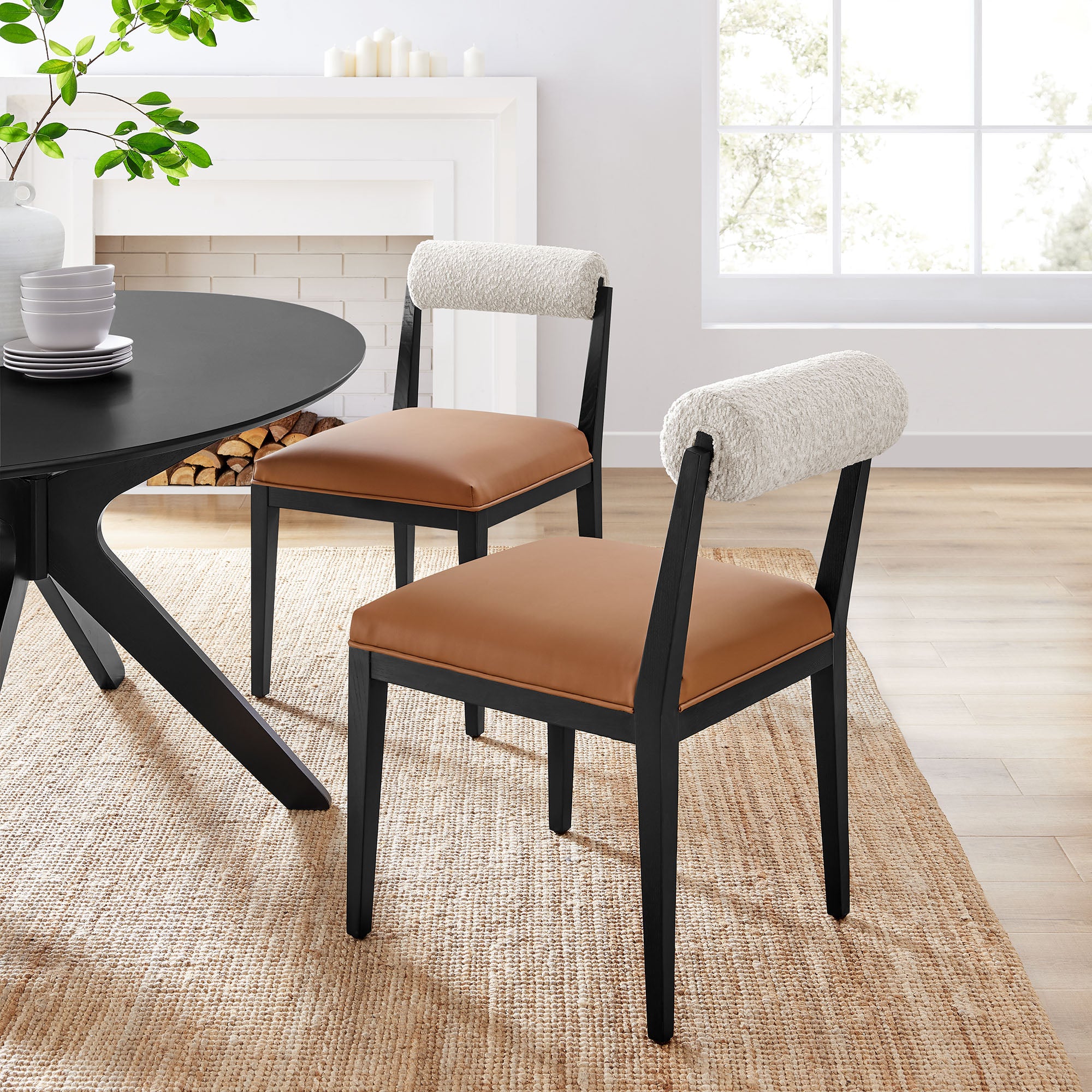 Kai Boucle and Vegan Leather Dining Chair Set of 2 - Pearl Tan Black