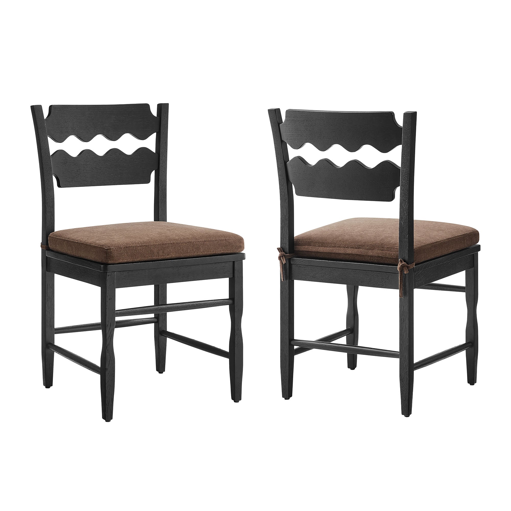 Jax Oak Wood Dining Chair With Wavy Razor Back and Cushion Set of 2 - Black Cocoa