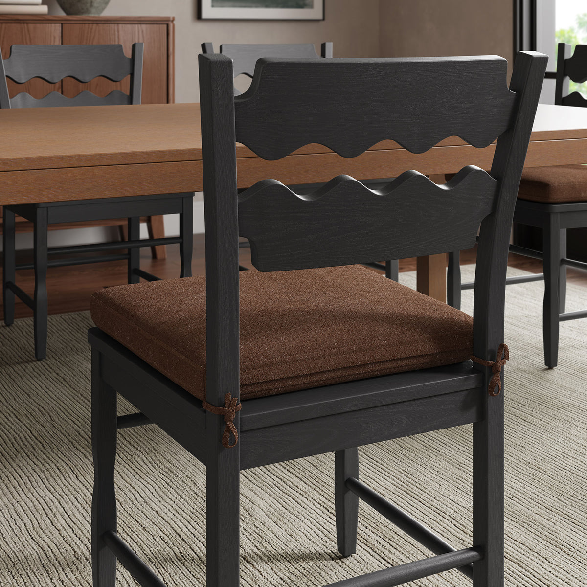 Jax Oak Wood Dining Chair With Wavy Razor Back and Cushion Set of 2 - Black Cocoa