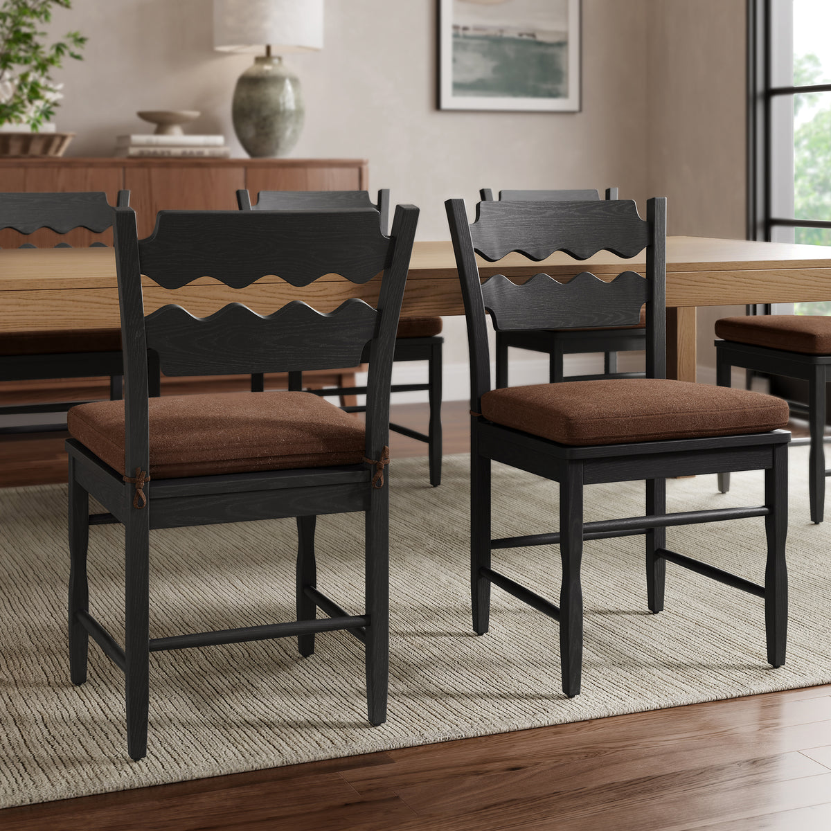 Jax Oak Wood Dining Chair With Wavy Razor Back and Cushion Set of 2 - Black Cocoa