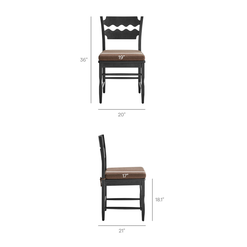 Jax Oak Wood Dining Chair With Wavy Razor Back and Cushion Set of 2 - Black Cocoa