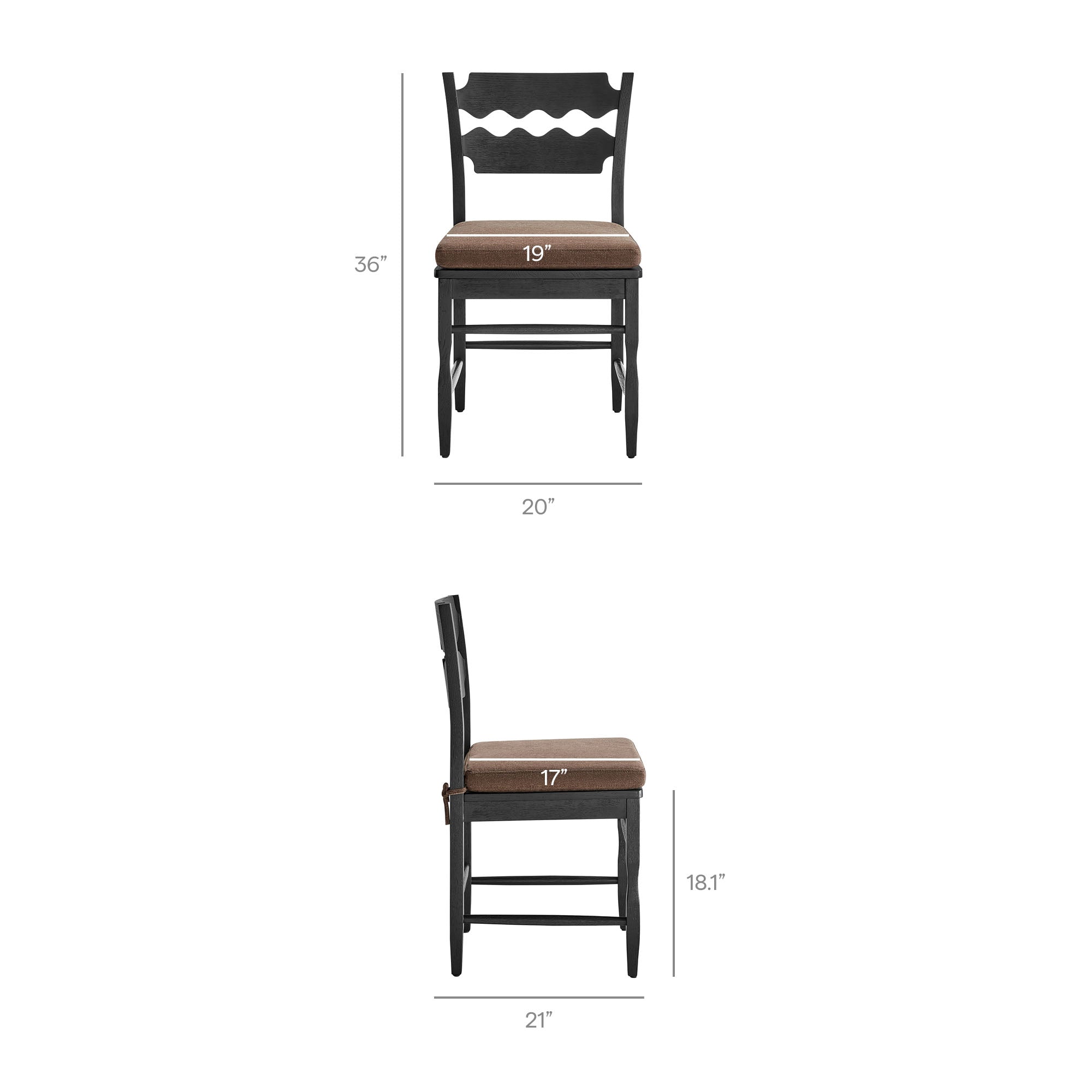 Jax Oak Wood Dining Chair With Wavy Razor Back and Cushion Set of 2 - Black Cocoa