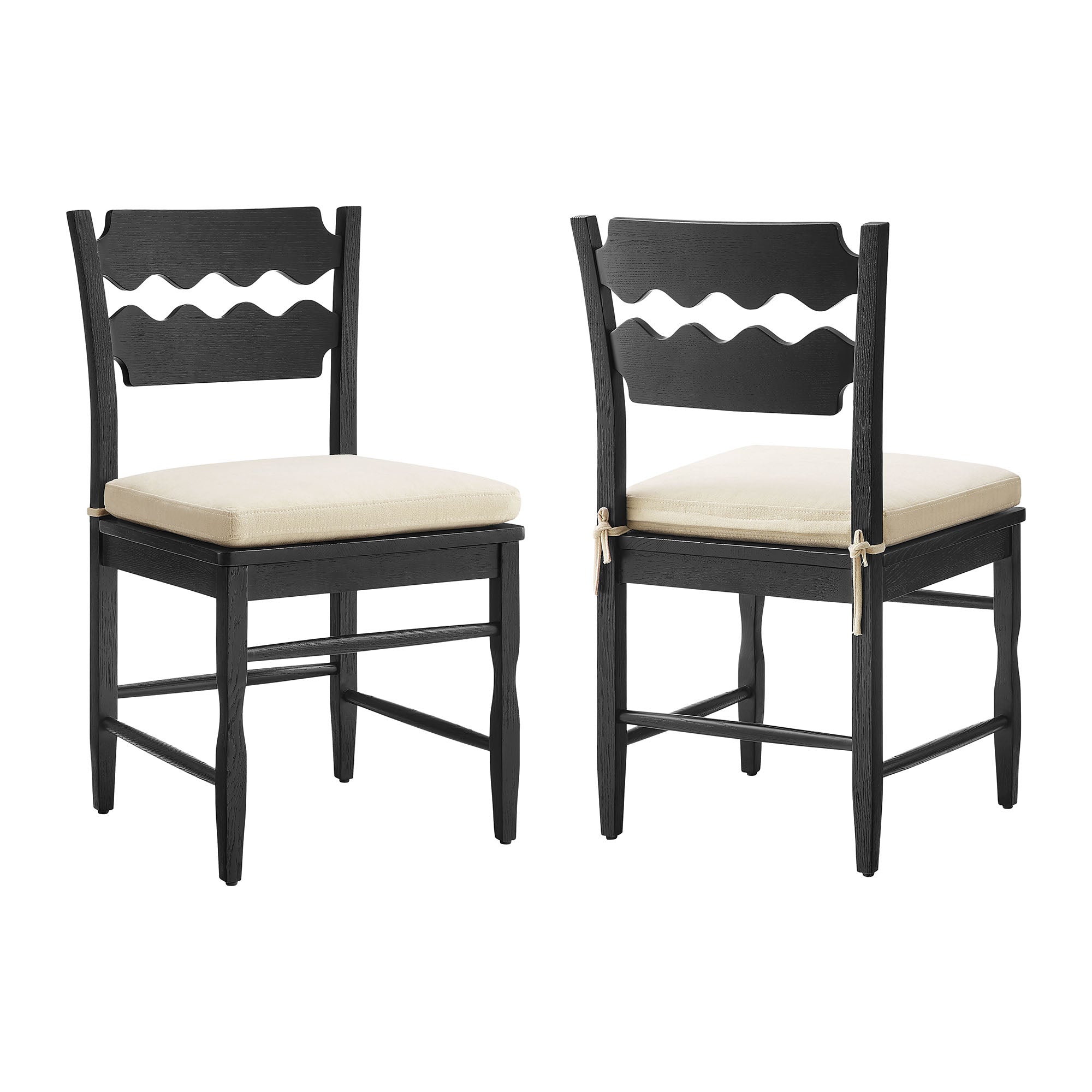 Jax Oak Wood Dining Chair With Wavy Razor Back and Cushion Set of 2 - Black Linen