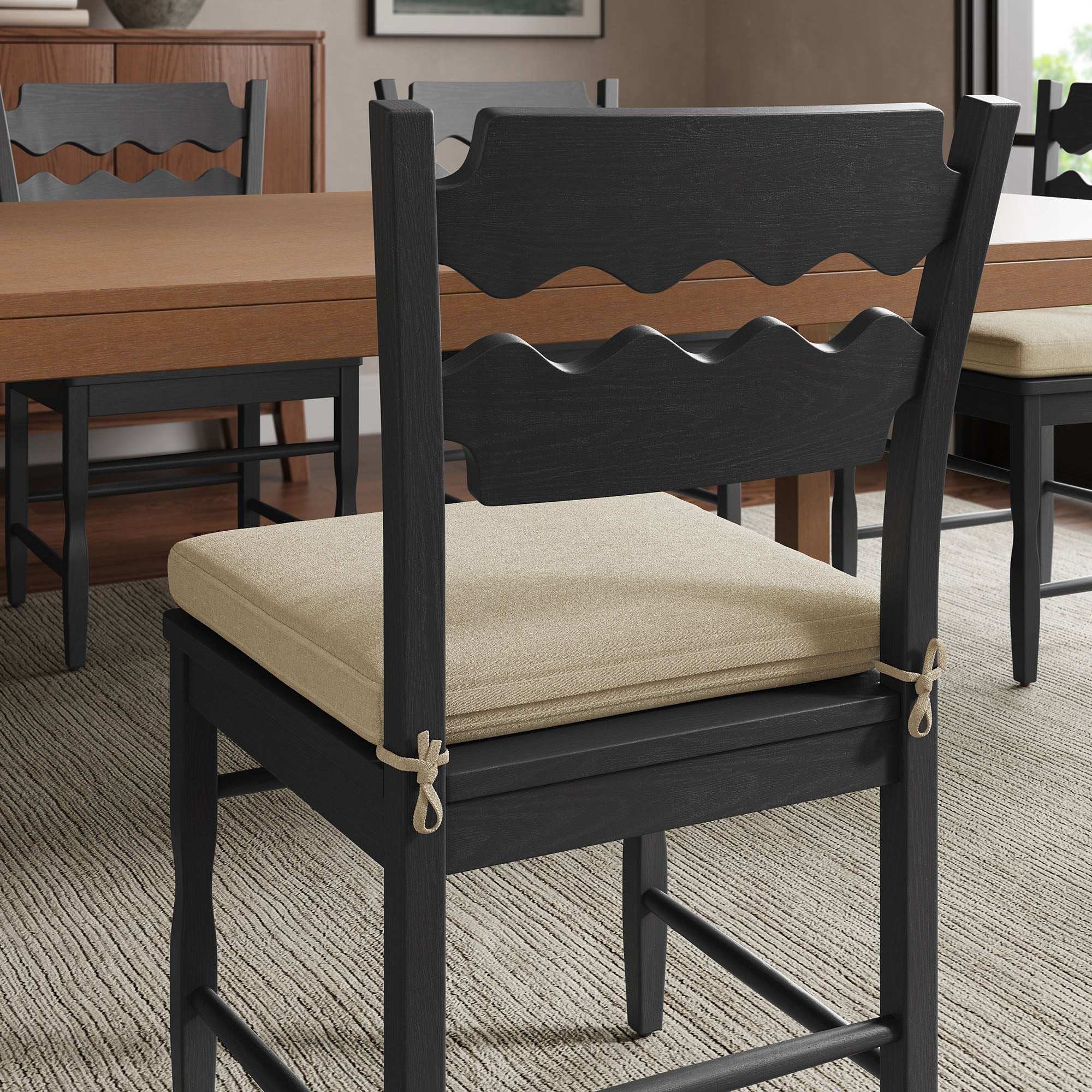 Jax Oak Wood Dining Chair With Wavy Razor Back and Cushion Set of 2 - Black Linen