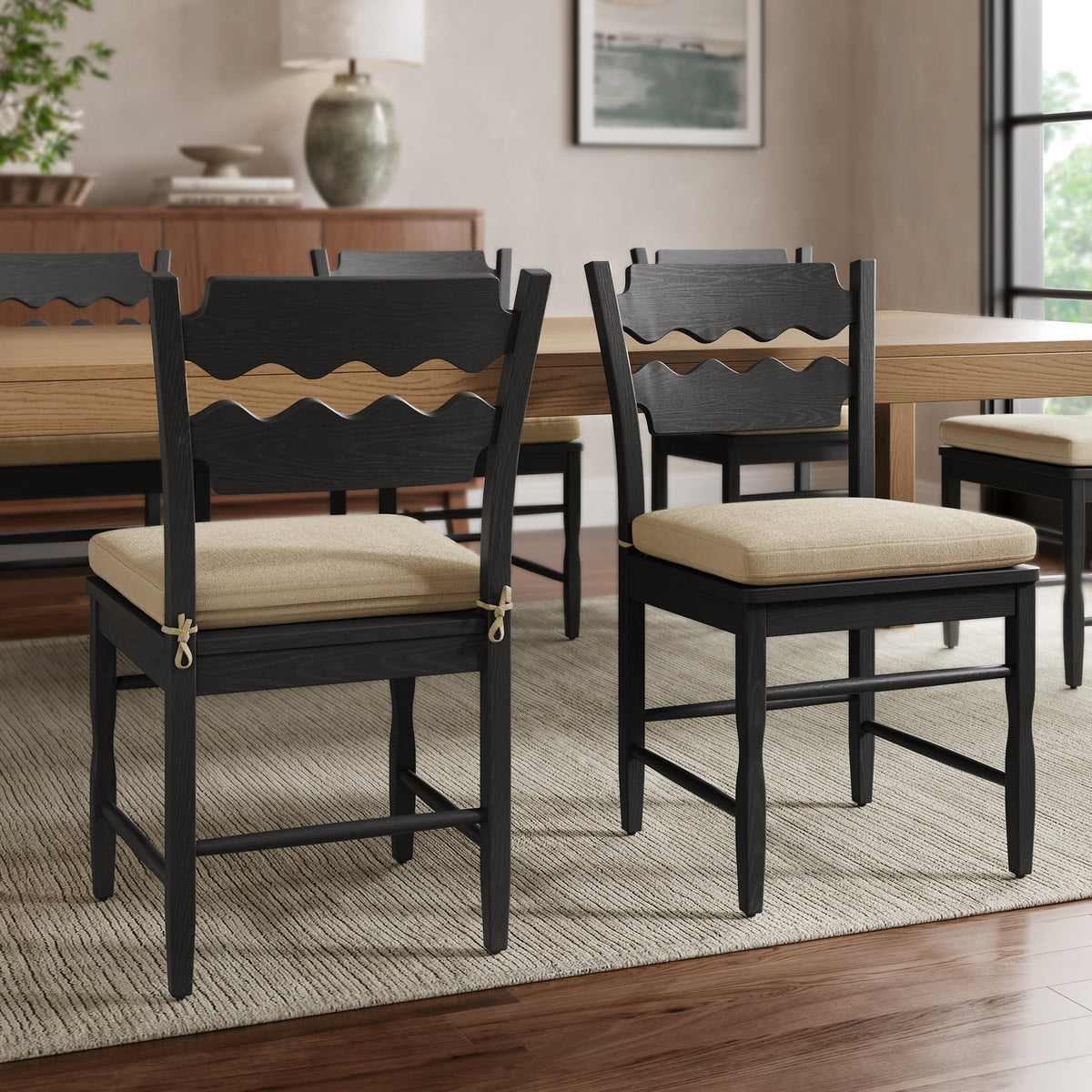 Jax Oak Wood Dining Chair With Wavy Razor Back and Cushion Set of 2 - Black Linen