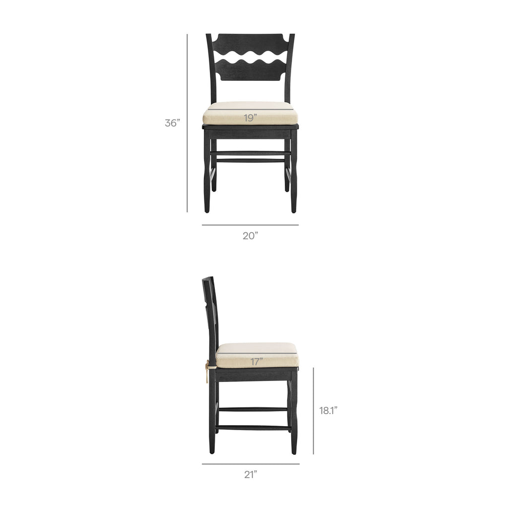 Jax Oak Wood Dining Chair With Wavy Razor Back and Cushion Set of 2 - Black Linen