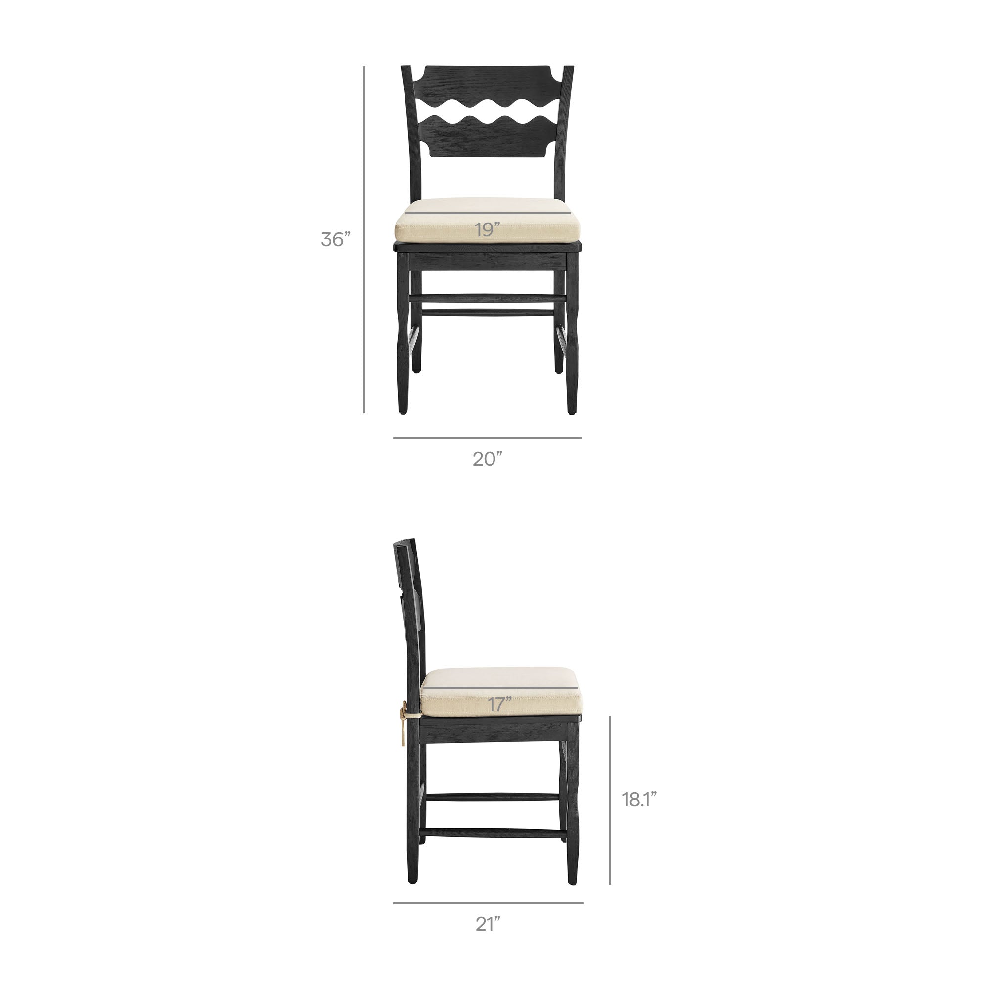 Jax Oak Wood Dining Chair With Wavy Razor Back and Cushion Set of 2 - Black Linen