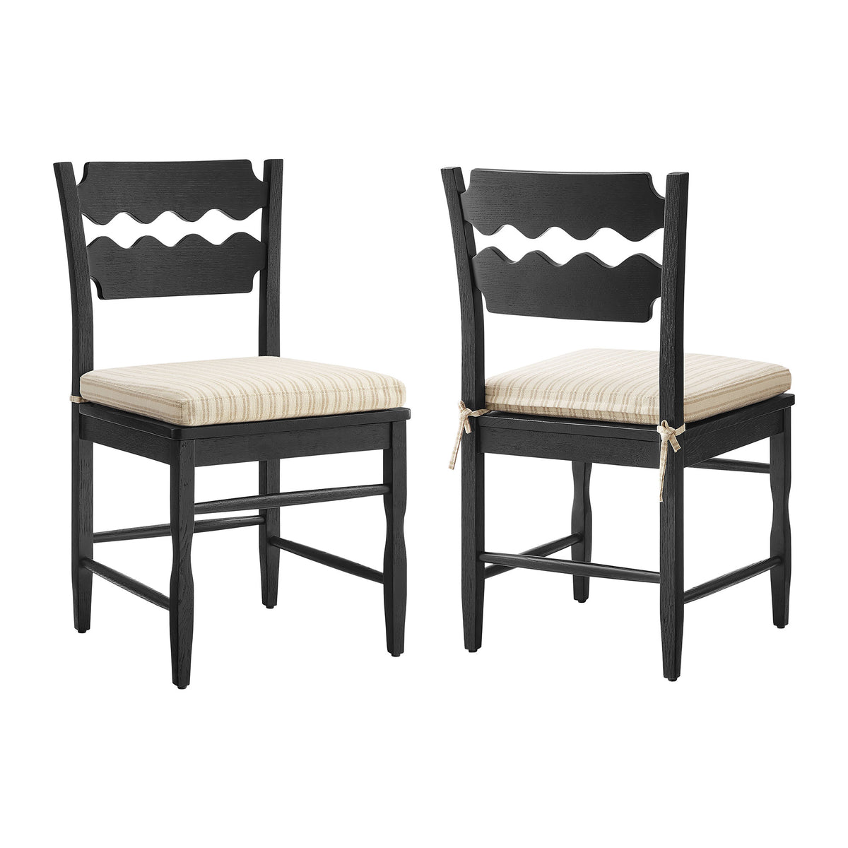 Jax Oak Wood Dining Chair With Wavy Razor Back and Cushion Set of 2 - Black Oatmeal Stripe
