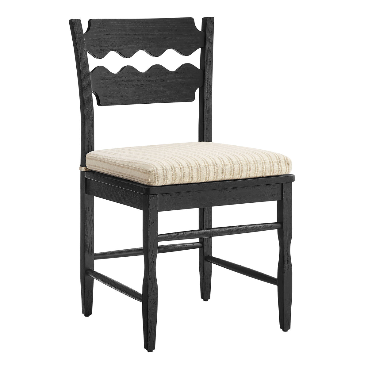 Jax Oak Wood Dining Chair With Wavy Razor Back and Cushion Set of 2 - Black Oatmeal Stripe