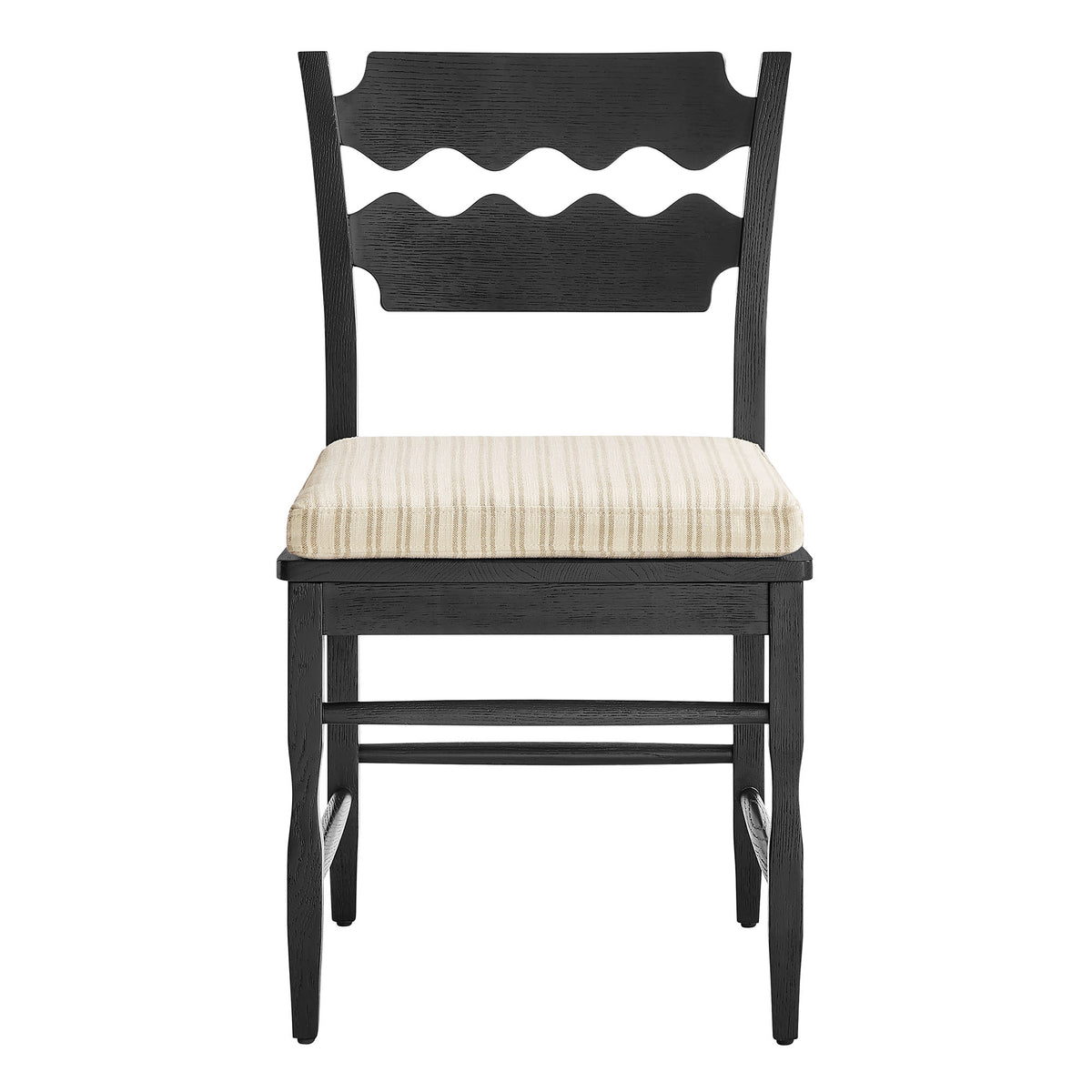 Jax Oak Wood Dining Chair With Wavy Razor Back and Cushion Set of 2 - Black Oatmeal Stripe