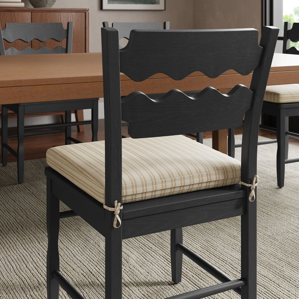 Jax Oak Wood Dining Chair With Wavy Razor Back and Cushion Set of 2 - Black Oatmeal Stripe