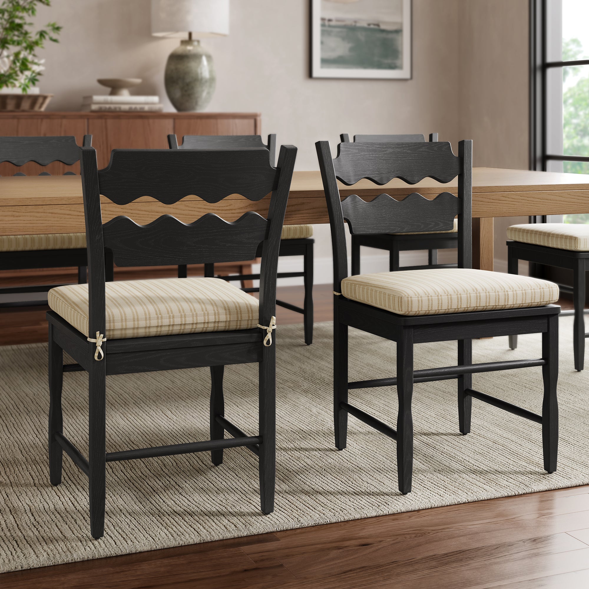 Jax Oak Wood Dining Chair With Wavy Razor Back and Cushion Set of 2 - Black Oatmeal Stripe