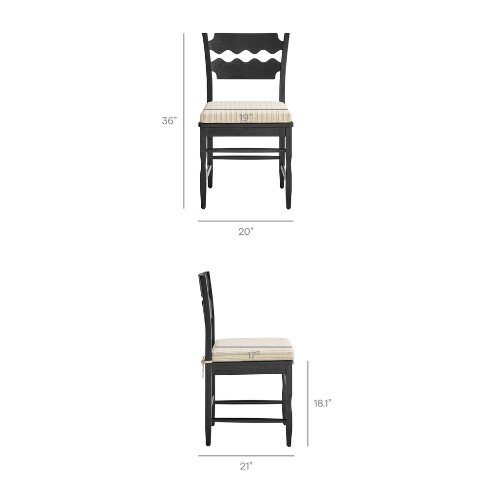 Jax Oak Wood Dining Chair With Wavy Razor Back and Cushion Set of 2 - Black Oatmeal Stripe