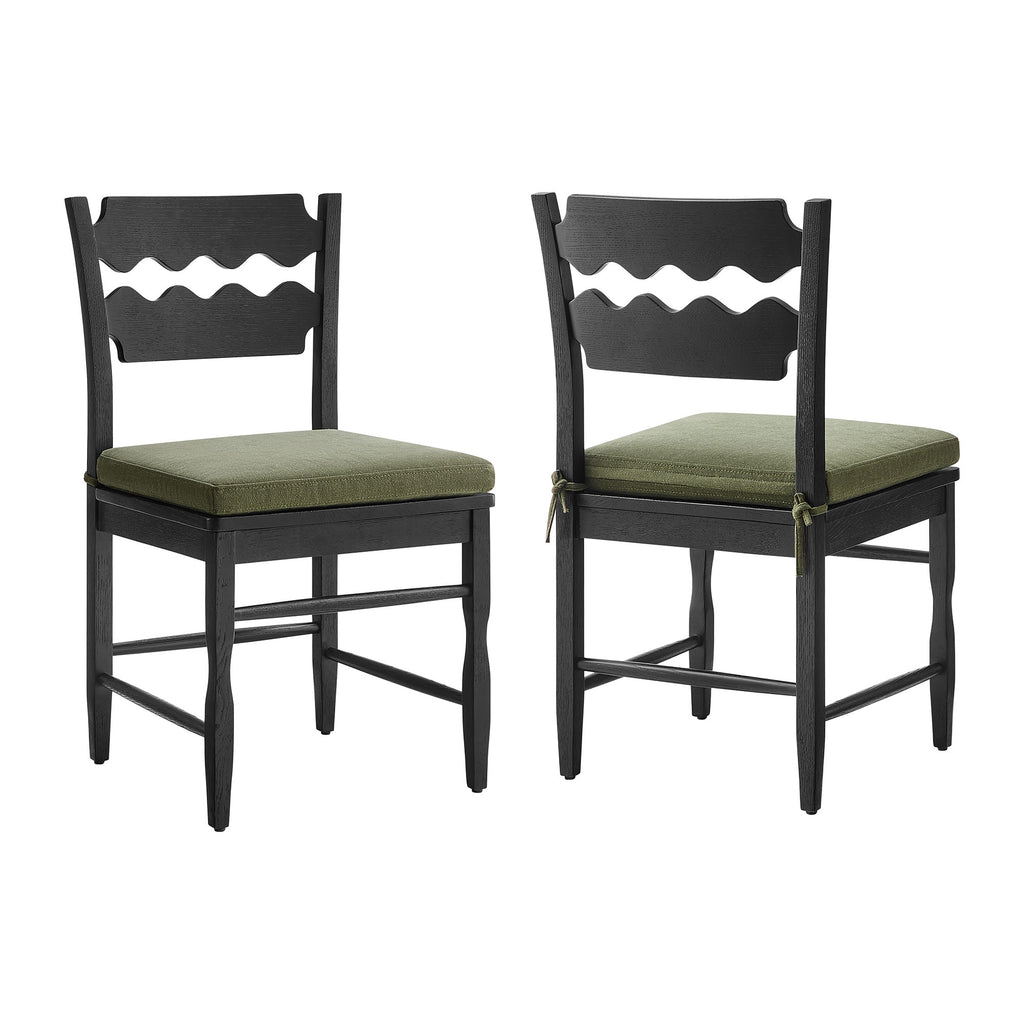 Jax Oak Wood Dining Chair With Wavy Razor Back and Cushion Set of 2 - Black Sage