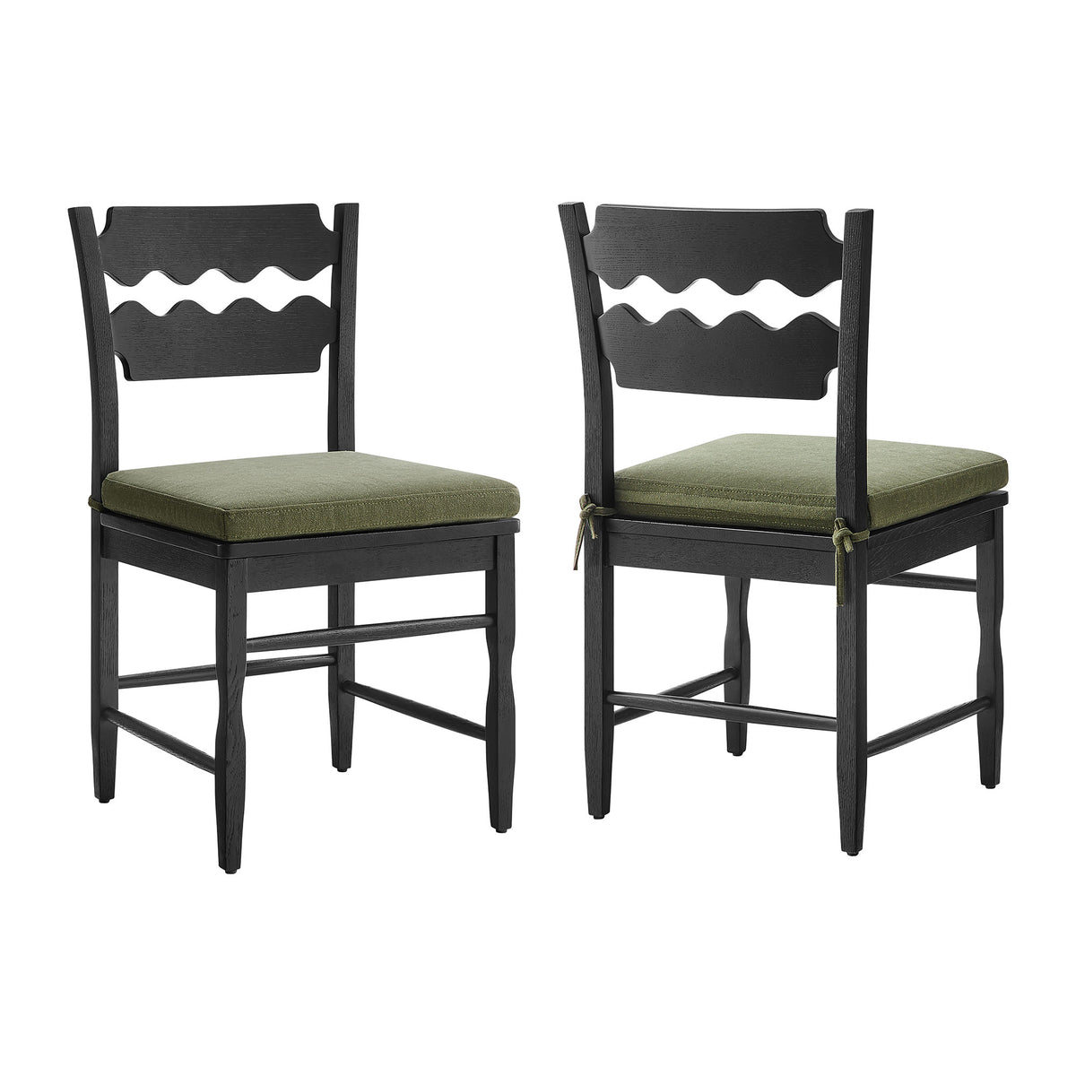 Jax Oak Wood Dining Chair With Wavy Razor Back and Cushion Set of 2 - Black Sage