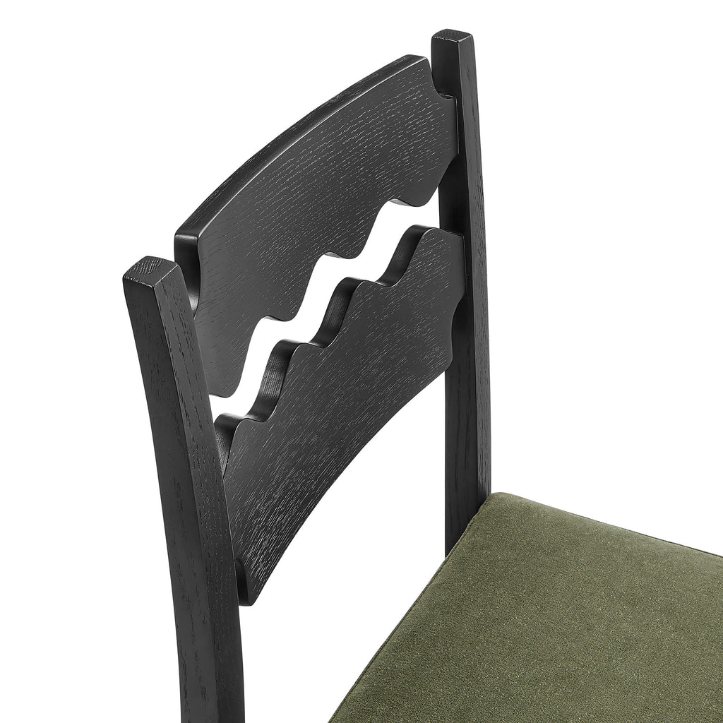 Jax Oak Wood Dining Chair With Wavy Razor Back and Cushion Set of 2 - Black Sage