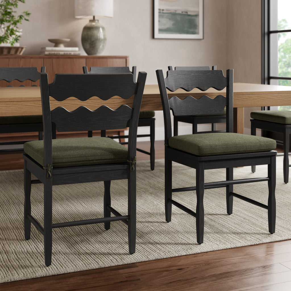 Jax Oak Wood Dining Chair With Wavy Razor Back and Cushion Set of 2 - Black Sage