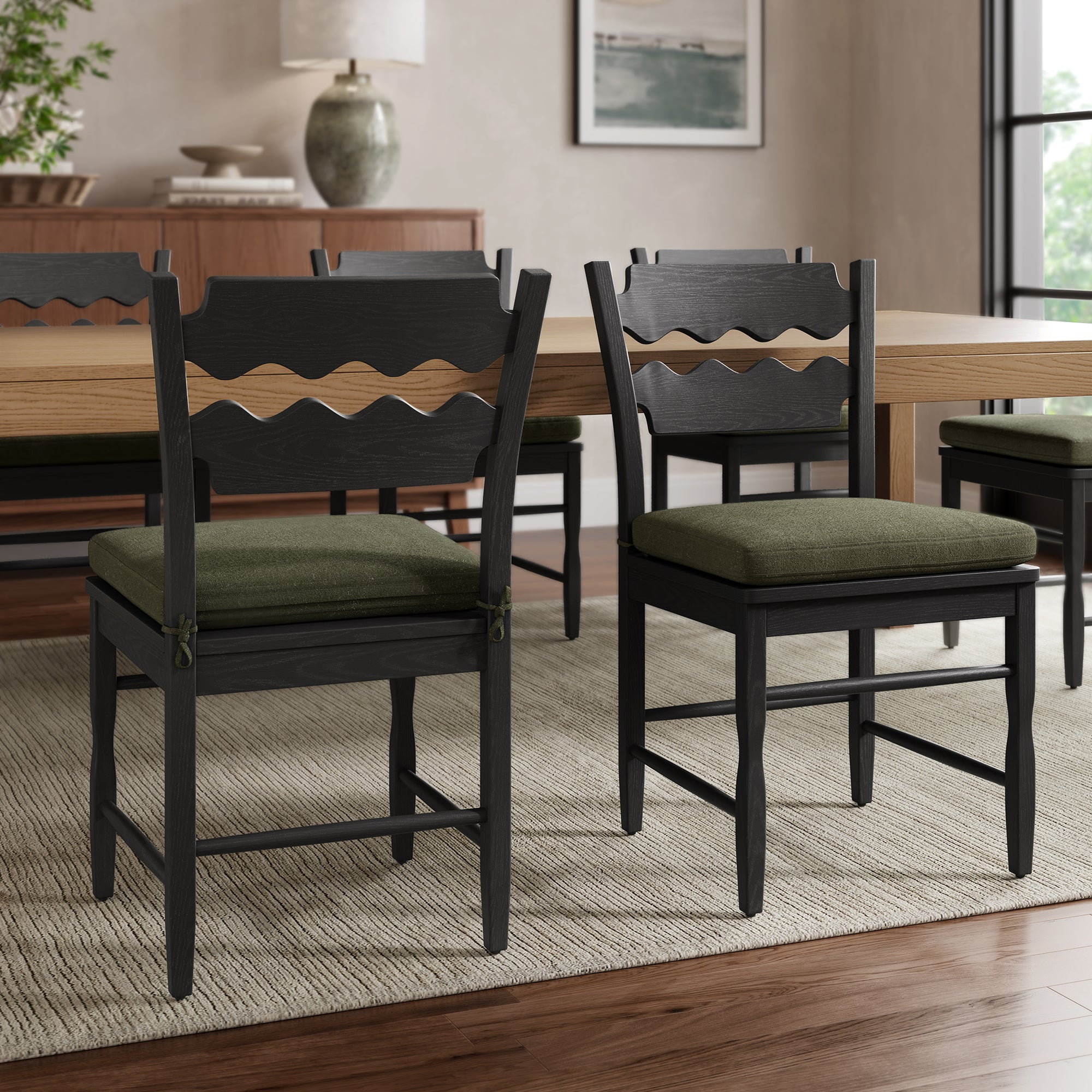 Jax Oak Wood Dining Chair With Wavy Razor Back and Cushion Set of 2 - Black Sage