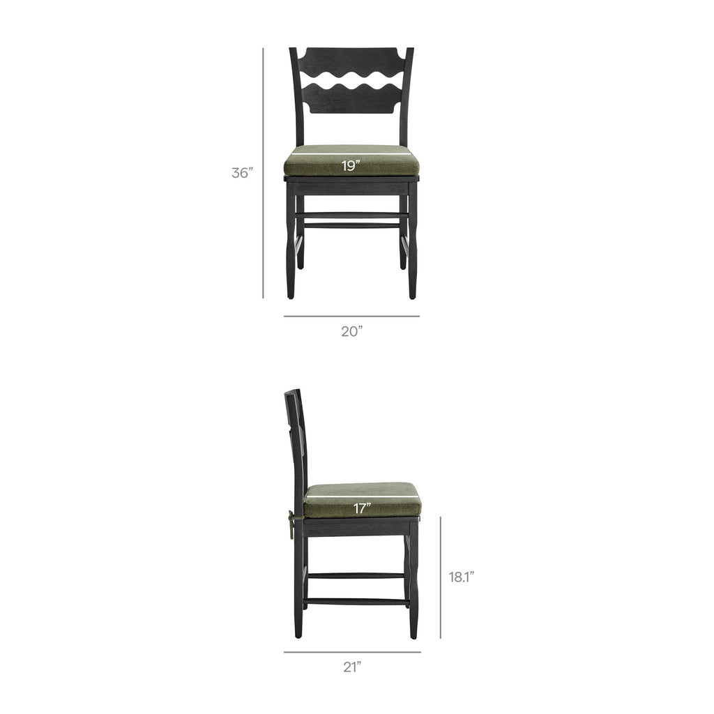 Jax Oak Wood Dining Chair With Wavy Razor Back and Cushion Set of 2 - Black Sage