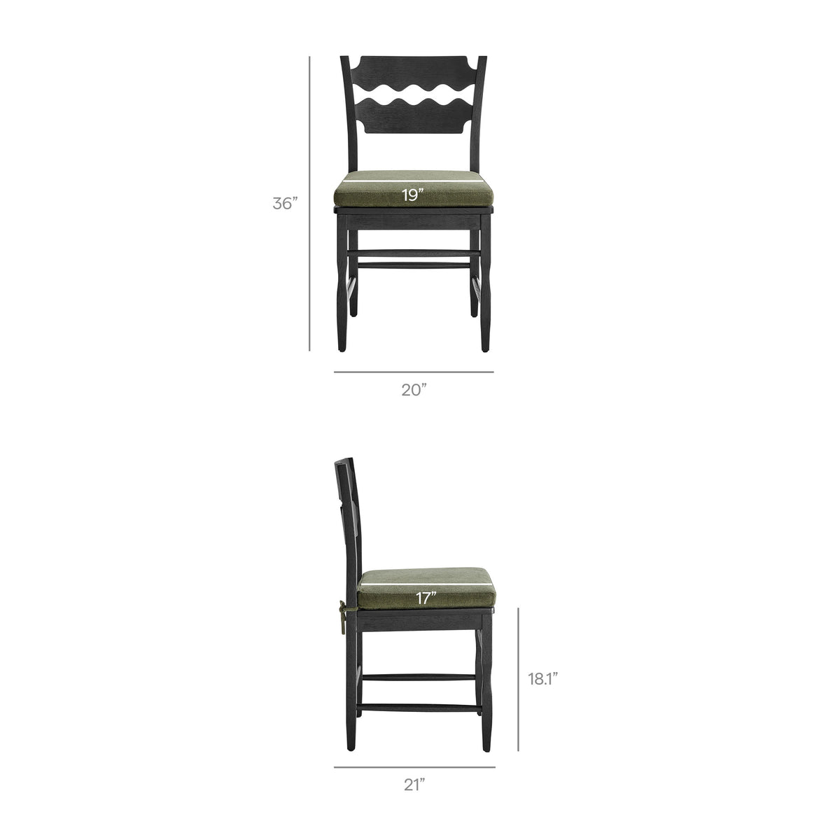 Jax Oak Wood Dining Chair With Wavy Razor Back and Cushion Set of 2 - Black Sage