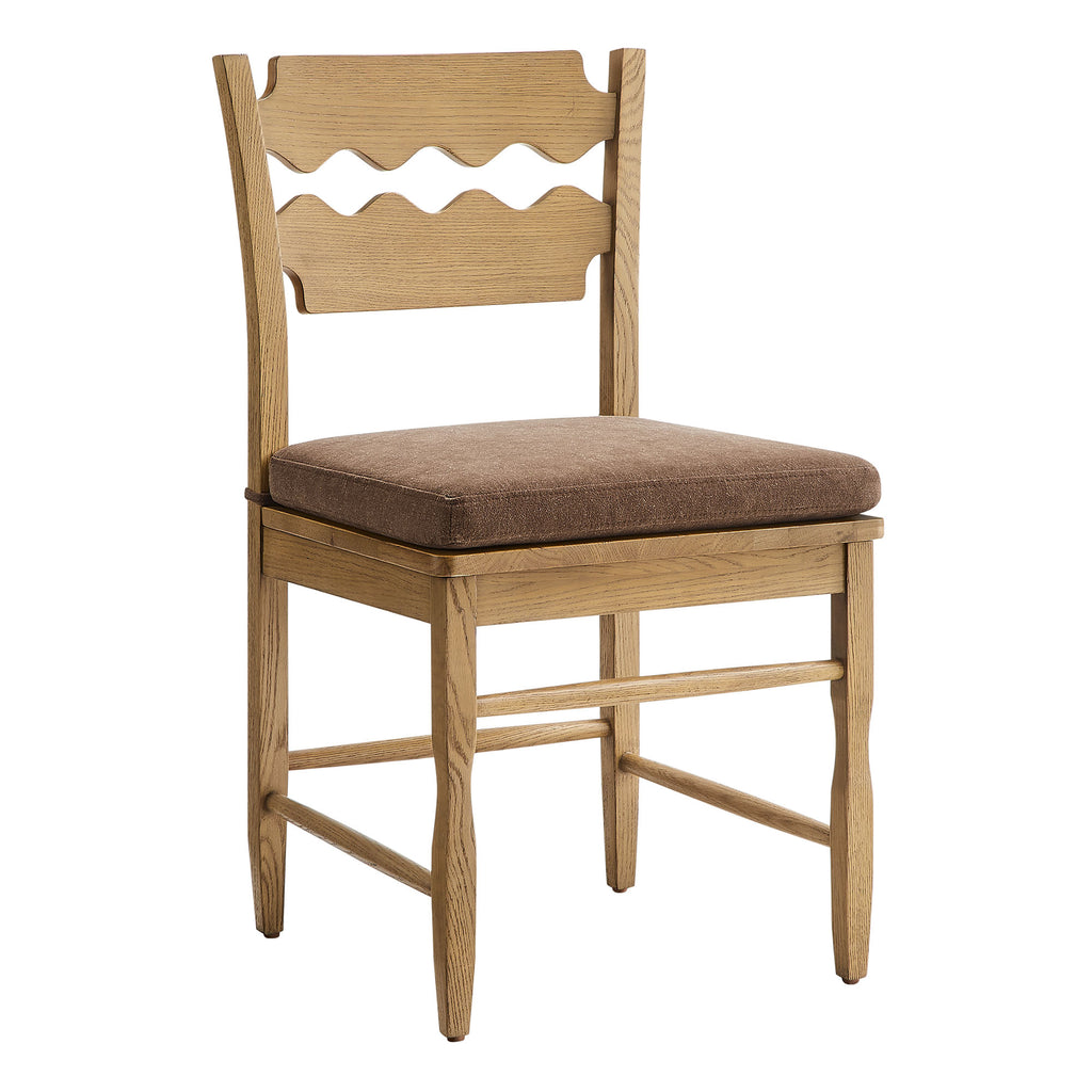 Jax Oak Wood Dining Chair With Wavy Razor Back and Cushion Set of 2 - Weathered Oak Cocoa