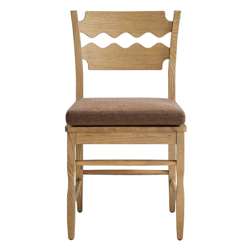 Jax Oak Wood Dining Chair With Wavy Razor Back and Cushion Set of 2 - Weathered Oak Cocoa