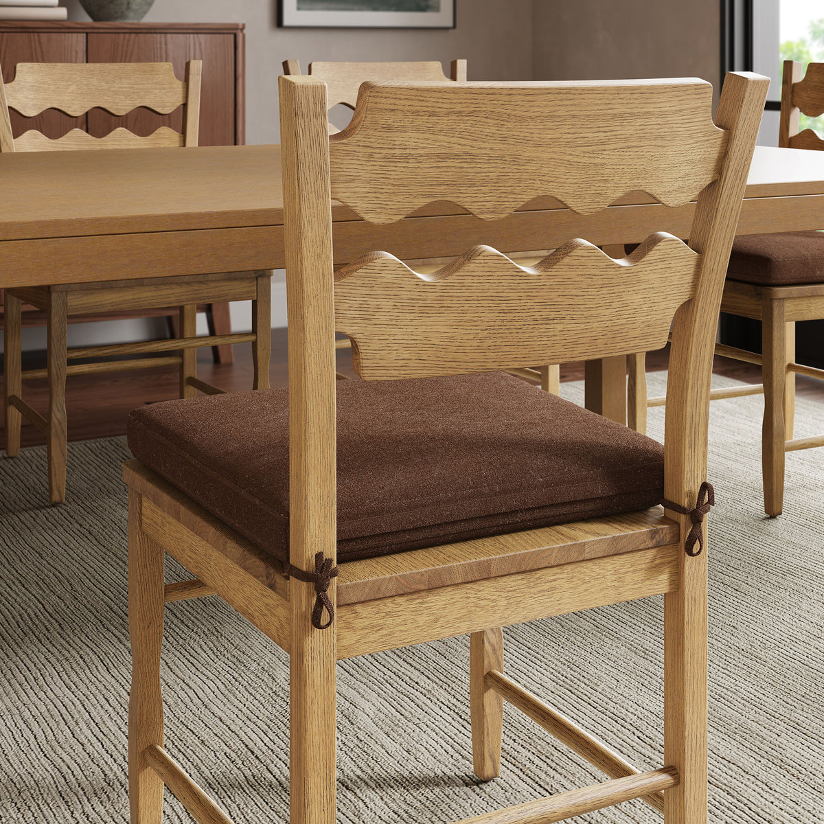 Jax Oak Wood Dining Chair With Wavy Razor Back and Cushion Set of 2 - Weathered Oak Cocoa