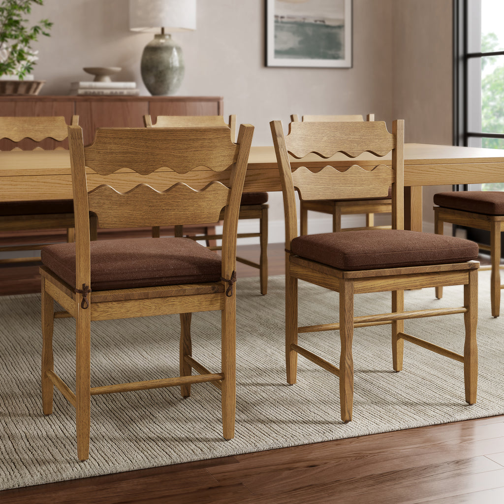 Jax Oak Wood Dining Chair With Wavy Razor Back and Cushion Set of 2 - Weathered Oak Cocoa