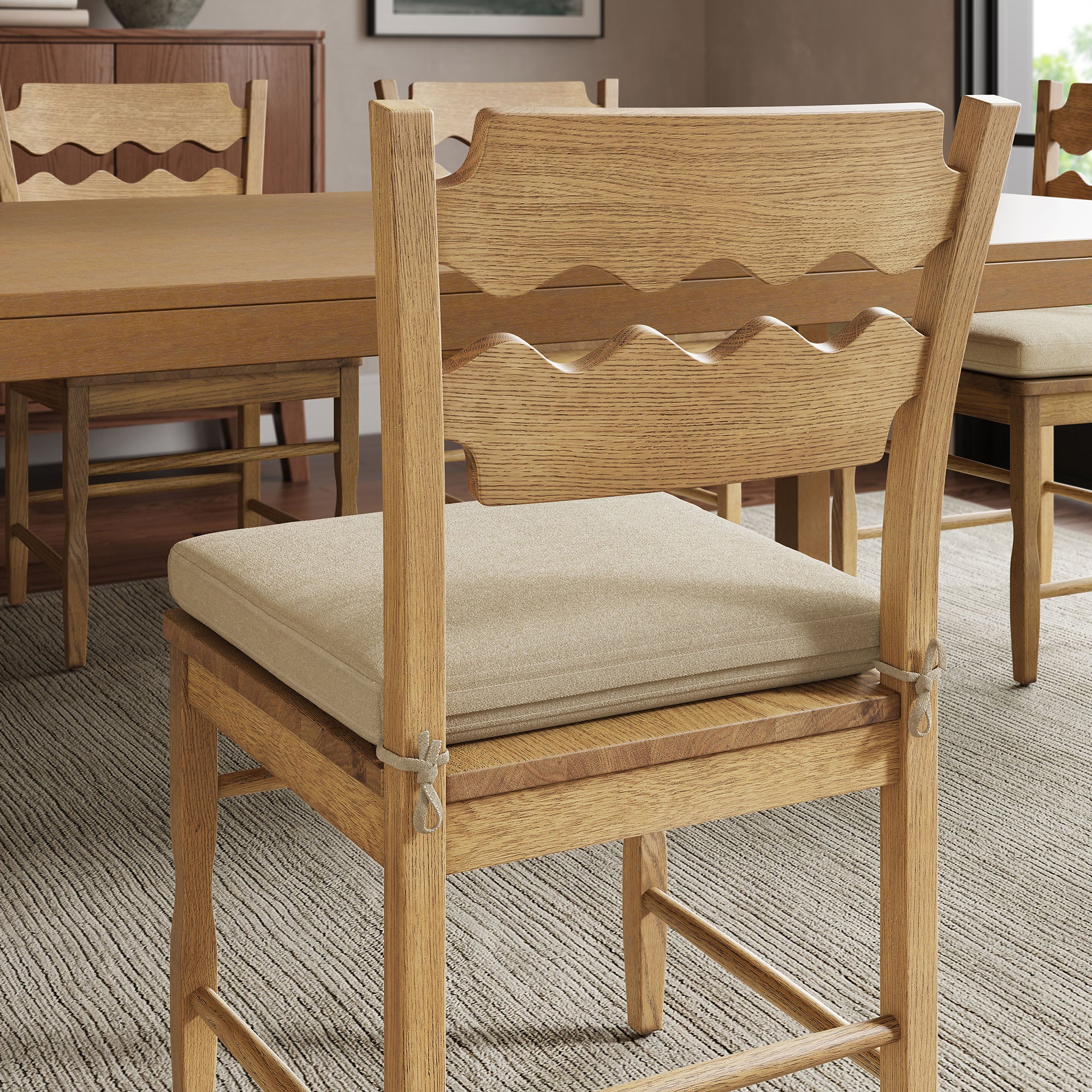 Jax Oak Wood Dining Chair With Wavy Razor Back and Cushion Set of 2 - Weathered Oak Linen