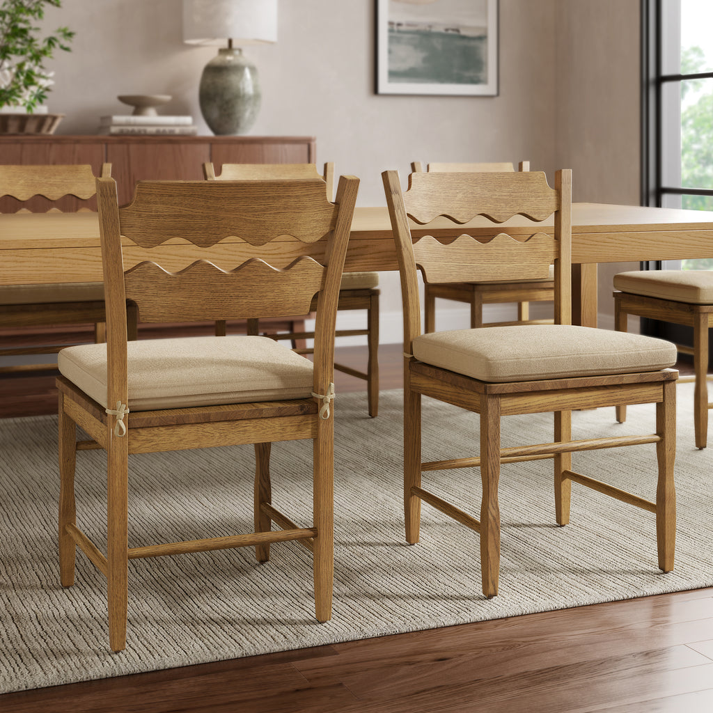 Jax Oak Wood Dining Chair With Wavy Razor Back and Cushion Set of 2 - Weathered Oak Linen