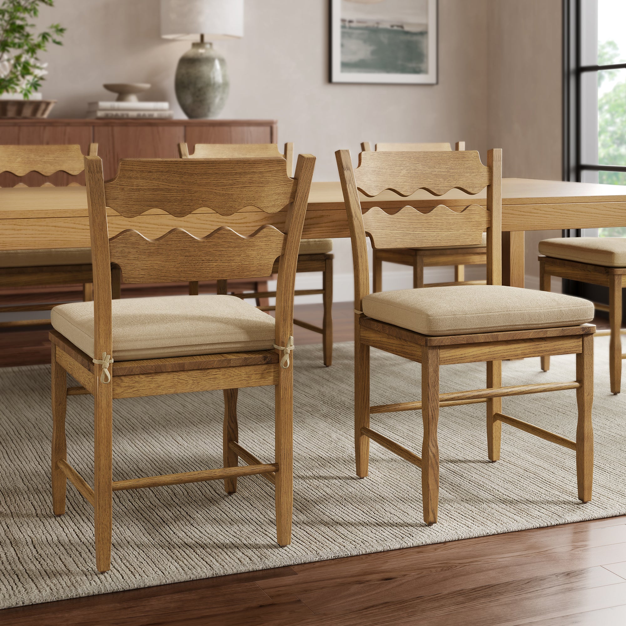 Jax Oak Wood Dining Chair With Wavy Razor Back and Cushion Set of 2 - Weathered Oak Linen