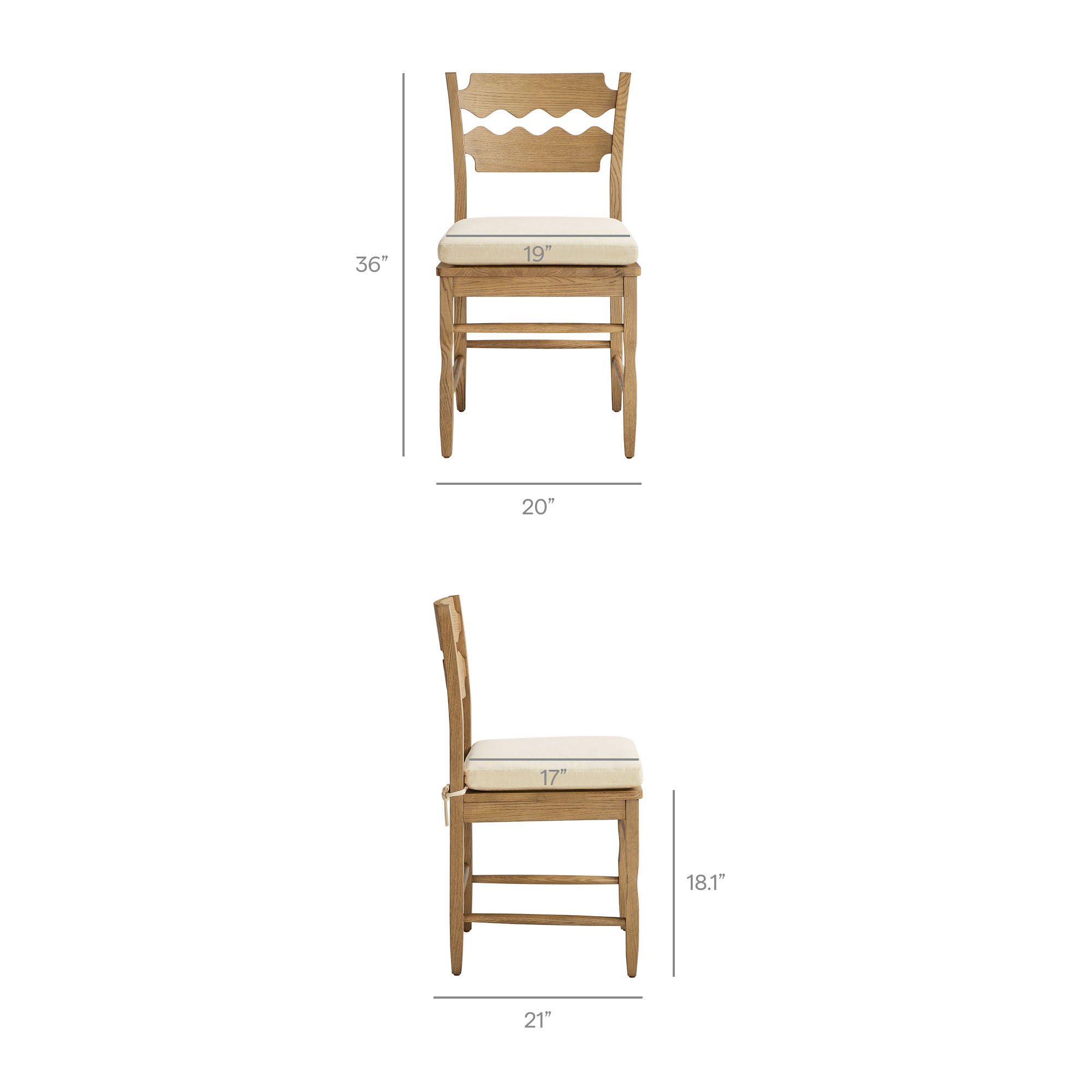 Jax Oak Wood Dining Chair With Wavy Razor Back and Cushion Set of 2 - Weathered Oak Linen