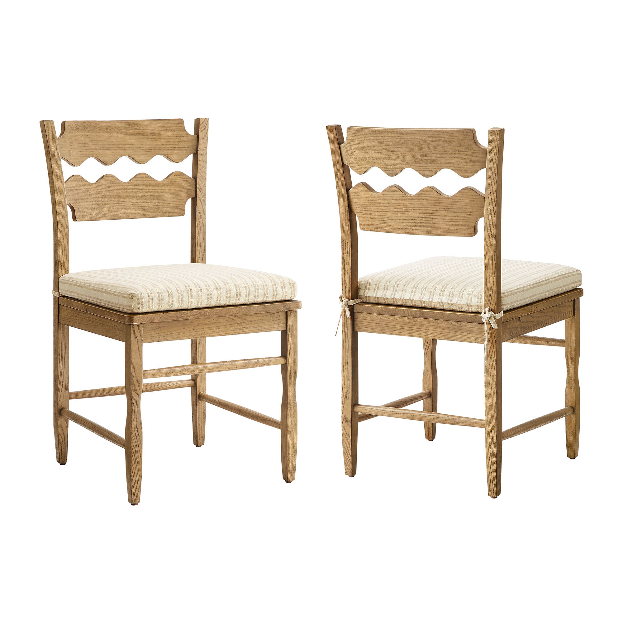 Jax Oak Wood Dining Chair With Wavy Razor Back and Cushion Set of 2 - Weathered Oak Oatmeal Stripe