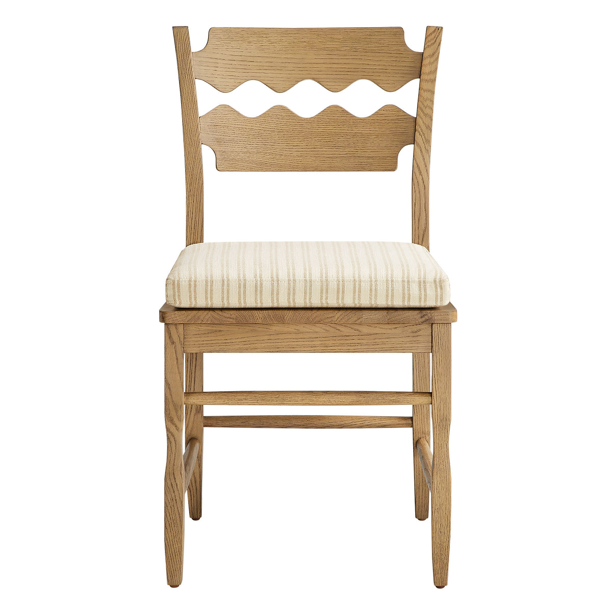 Jax Oak Wood Dining Chair With Wavy Razor Back and Cushion Set of 2 - Weathered Oak Oatmeal Stripe