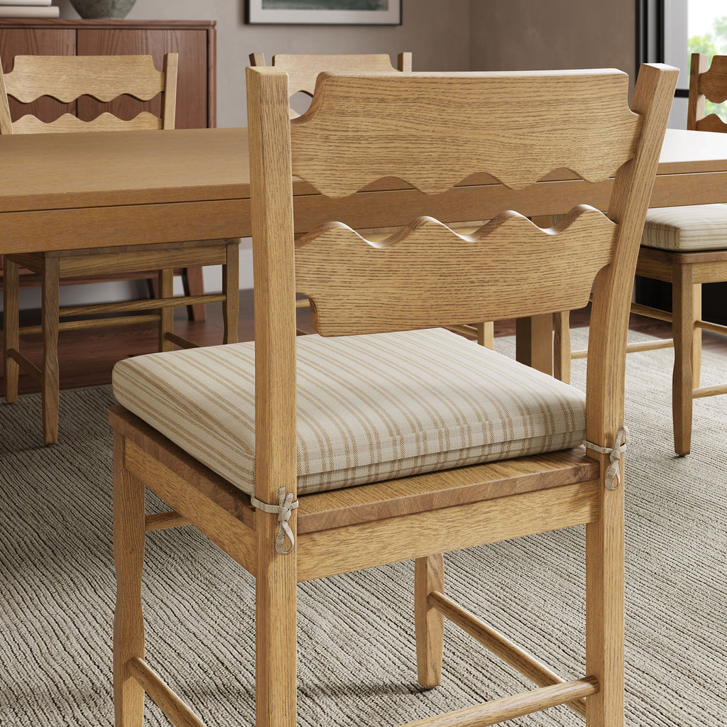 Jax Oak Wood Dining Chair With Wavy Razor Back and Cushion Set of 2 - Weathered Oak Oatmeal Stripe