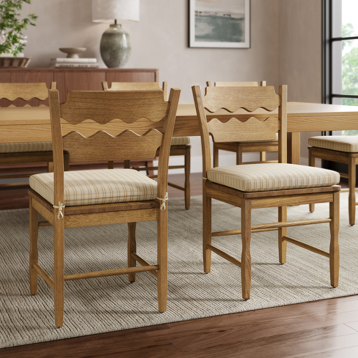 Jax Oak Wood Dining Chair With Wavy Razor Back and Cushion Set of 2 - Weathered Oak Oatmeal Stripe