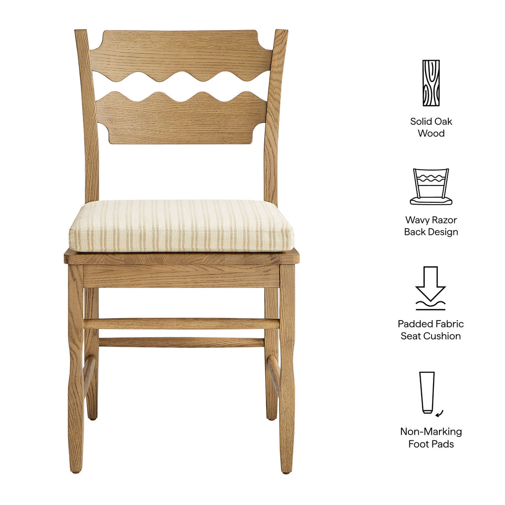 Jax Oak Wood Dining Chair With Wavy Razor Back and Cushion Set of 2 - Weathered Oak Oatmeal Stripe