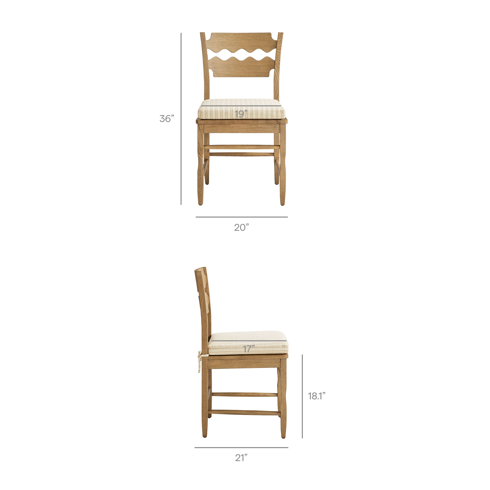 Jax Oak Wood Dining Chair With Wavy Razor Back and Cushion Set of 2 - Weathered Oak Oatmeal Stripe