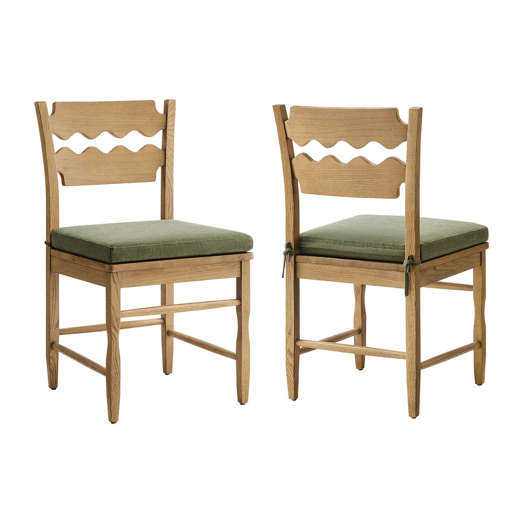Jax Oak Wood Dining Chair With Wavy Razor Back and Cushion Set of 2 - Weathered Oak Sage
