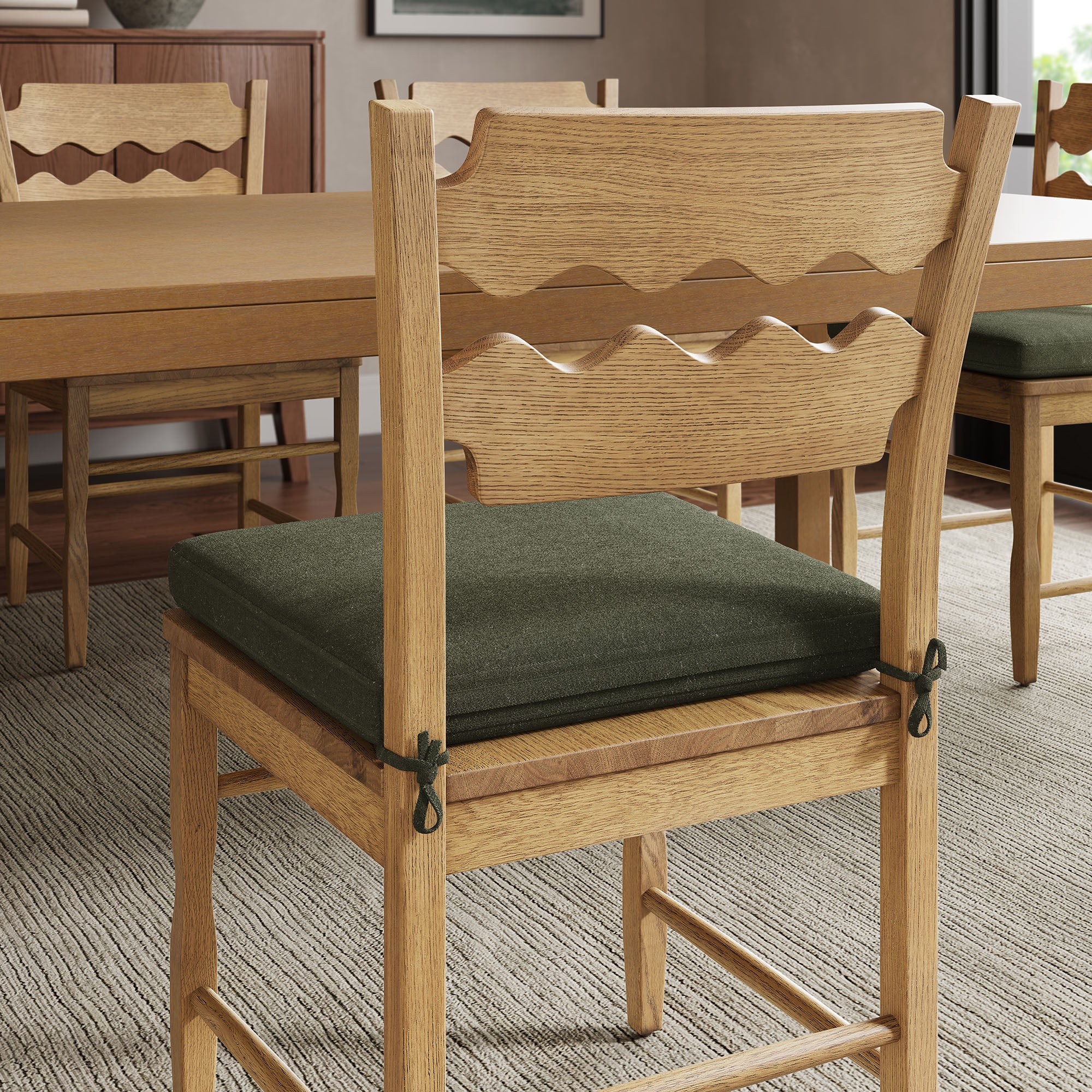 Jax Oak Wood Dining Chair With Wavy Razor Back and Cushion Set of 2 - Weathered Oak Sage