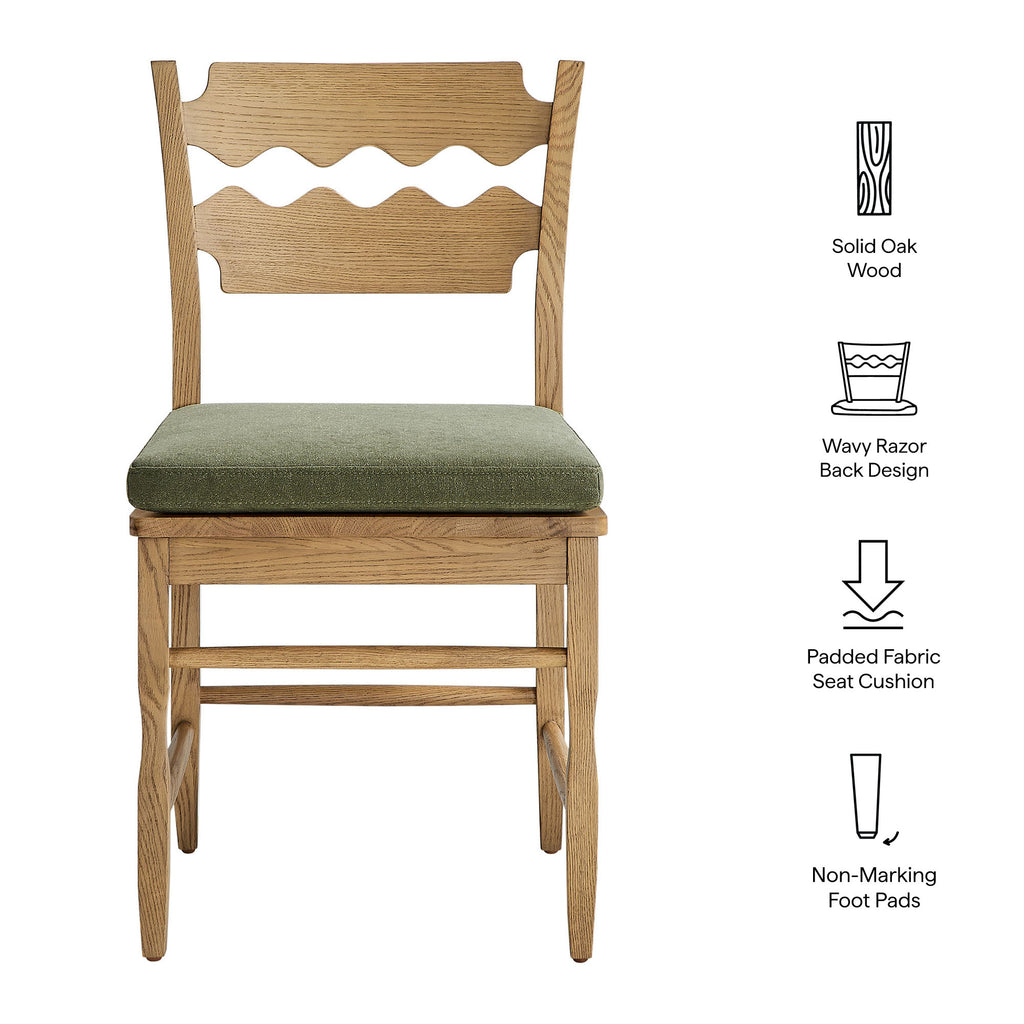 Jax Oak Wood Dining Chair With Wavy Razor Back and Cushion Set of 2 - Weathered Oak Sage
