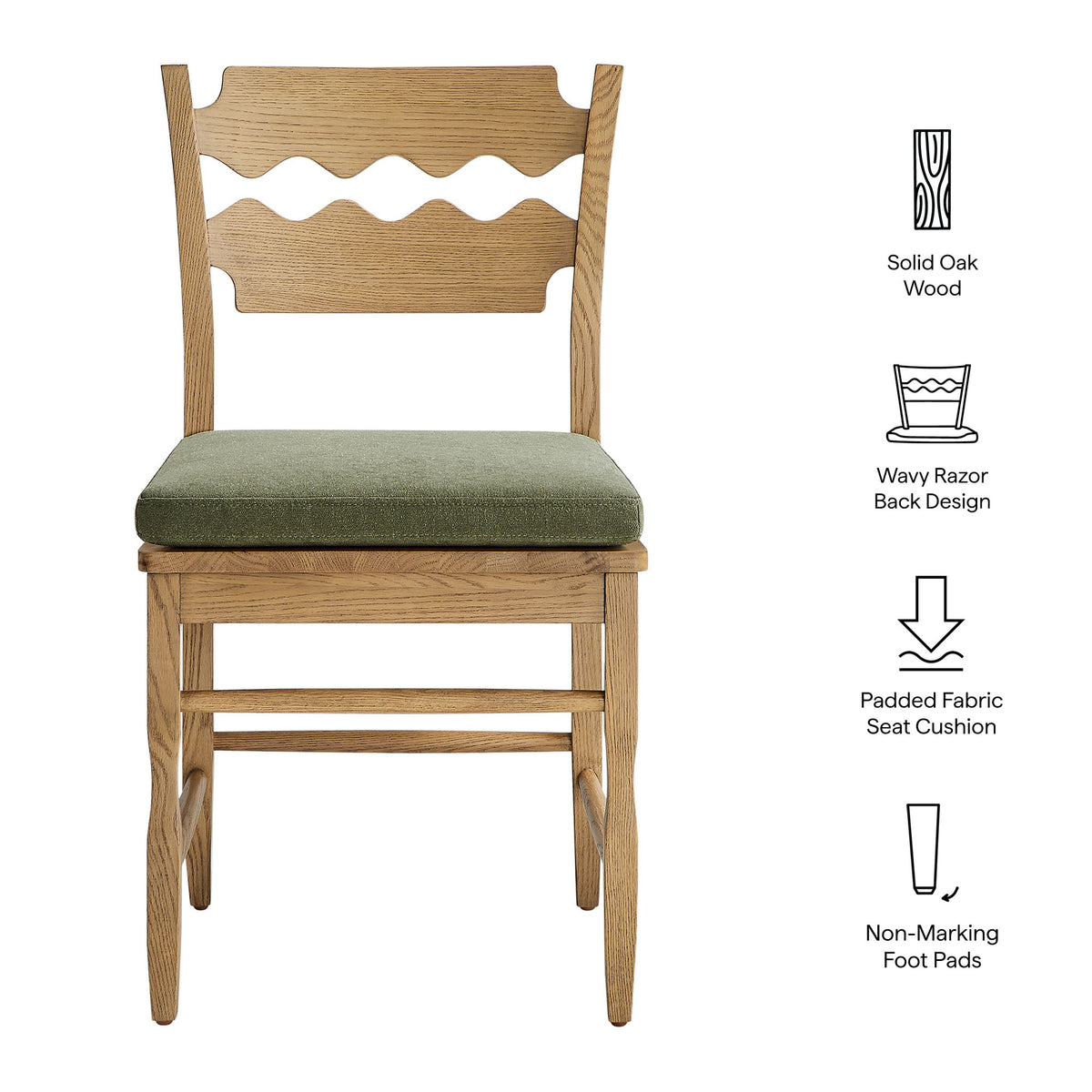 Jax Oak Wood Dining Chair With Wavy Razor Back and Cushion Set of 2 - Weathered Oak Sage