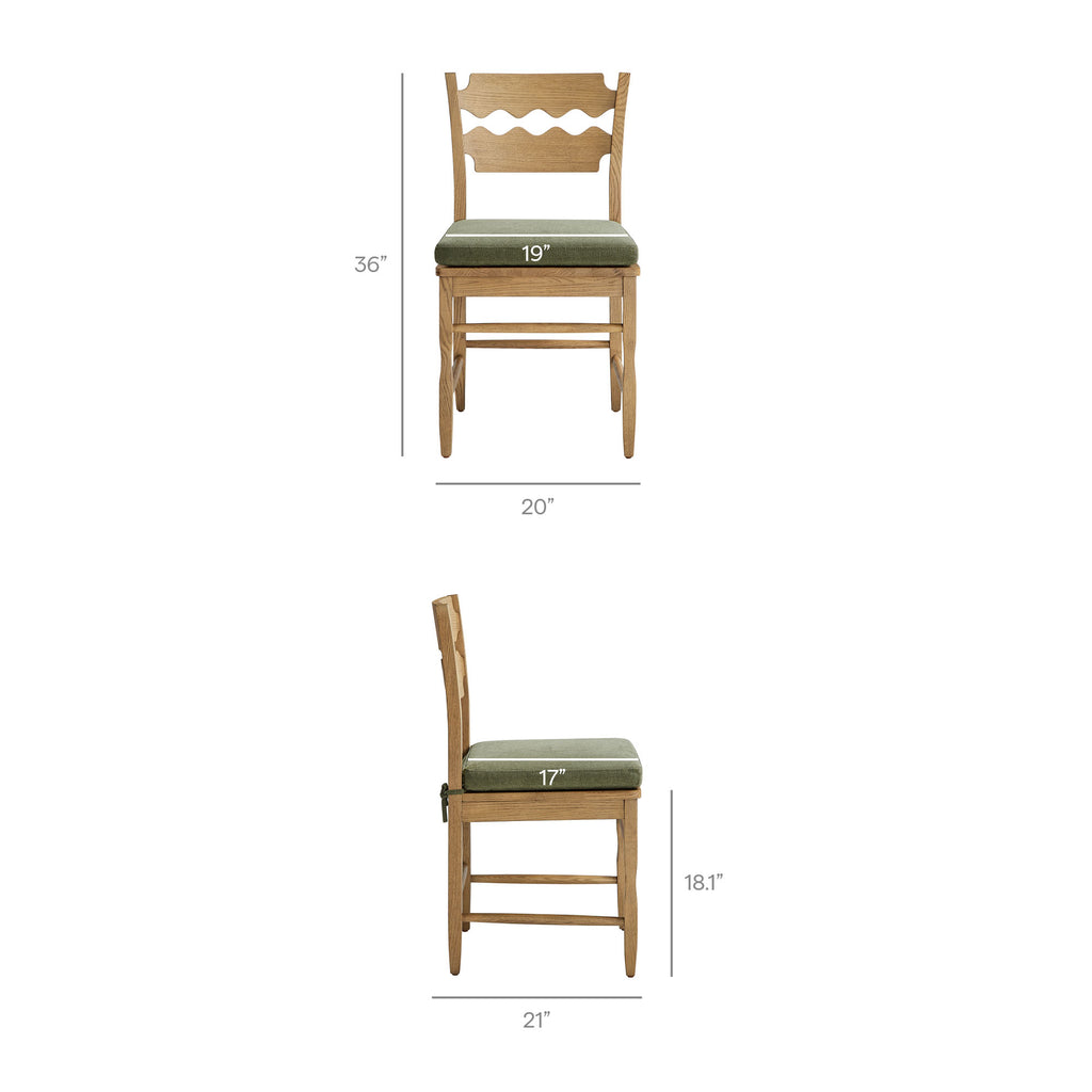 Jax Oak Wood Dining Chair With Wavy Razor Back and Cushion Set of 2 - Weathered Oak Sage