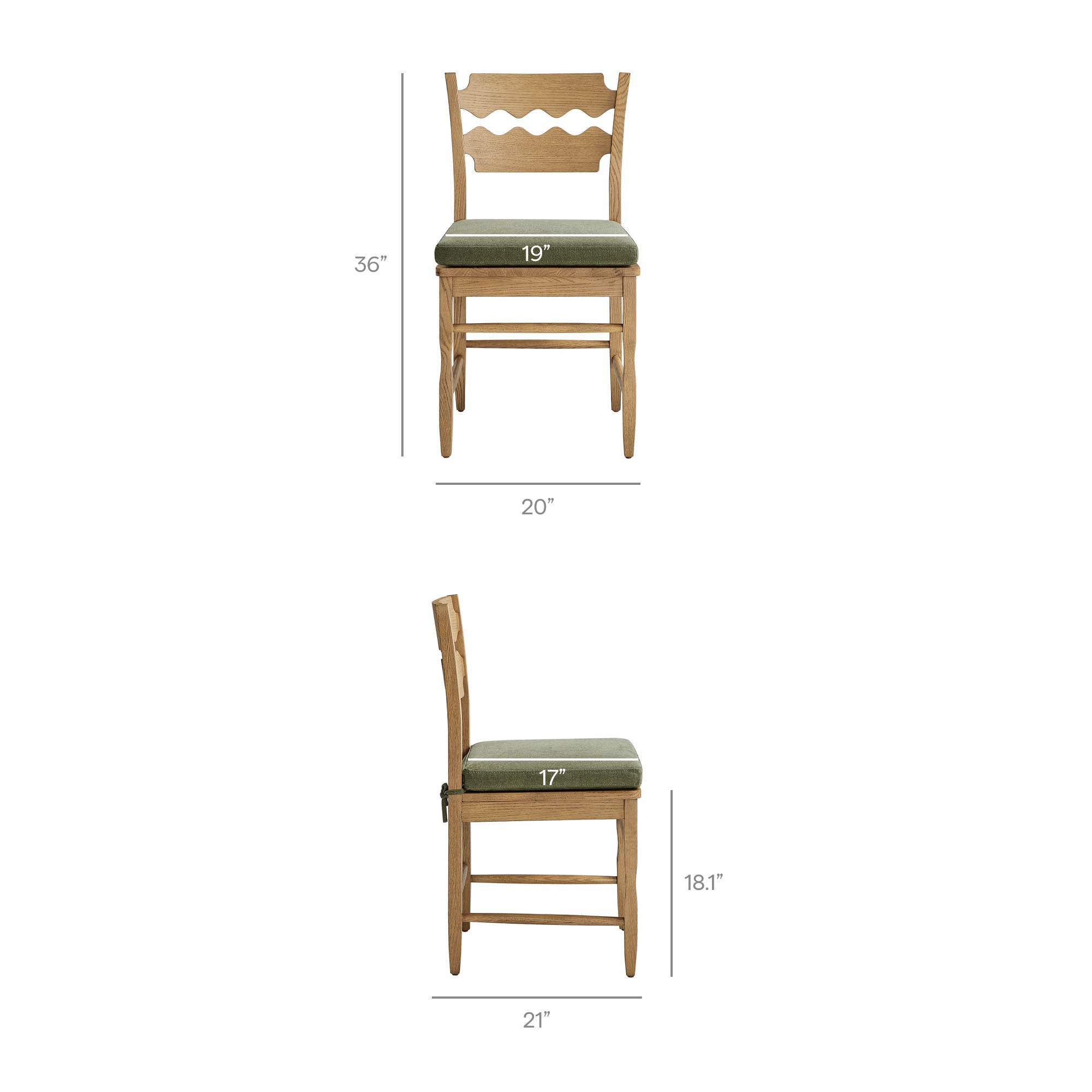 Jax Oak Wood Dining Chair With Wavy Razor Back and Cushion Set of 2 - Weathered Oak Sage