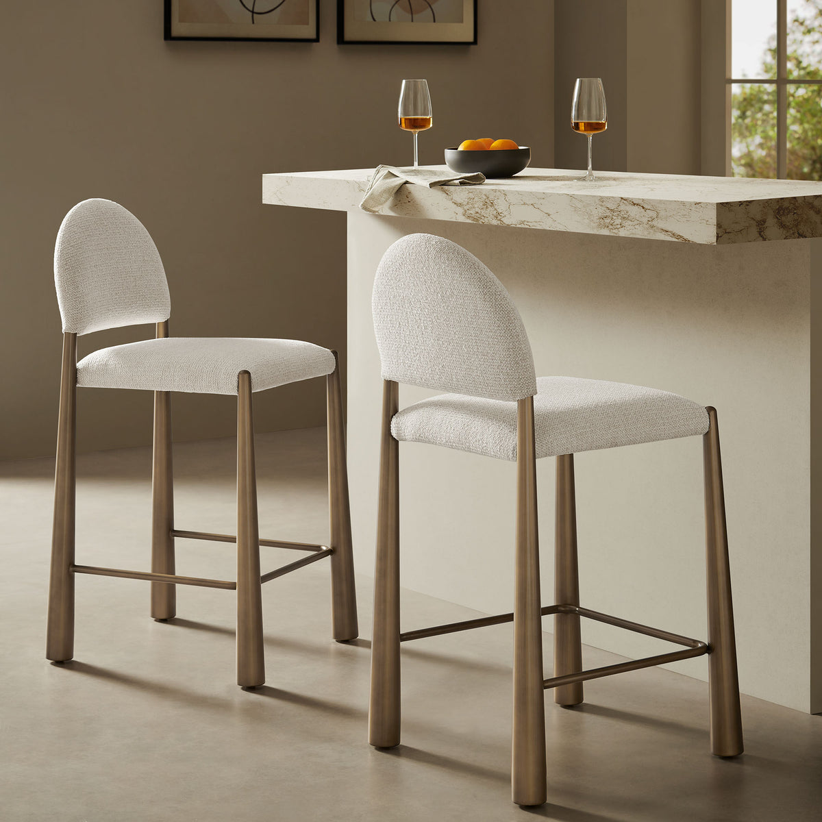Hayley Upholstered Fabric Counter Stools Set of 2 - Brass Cream