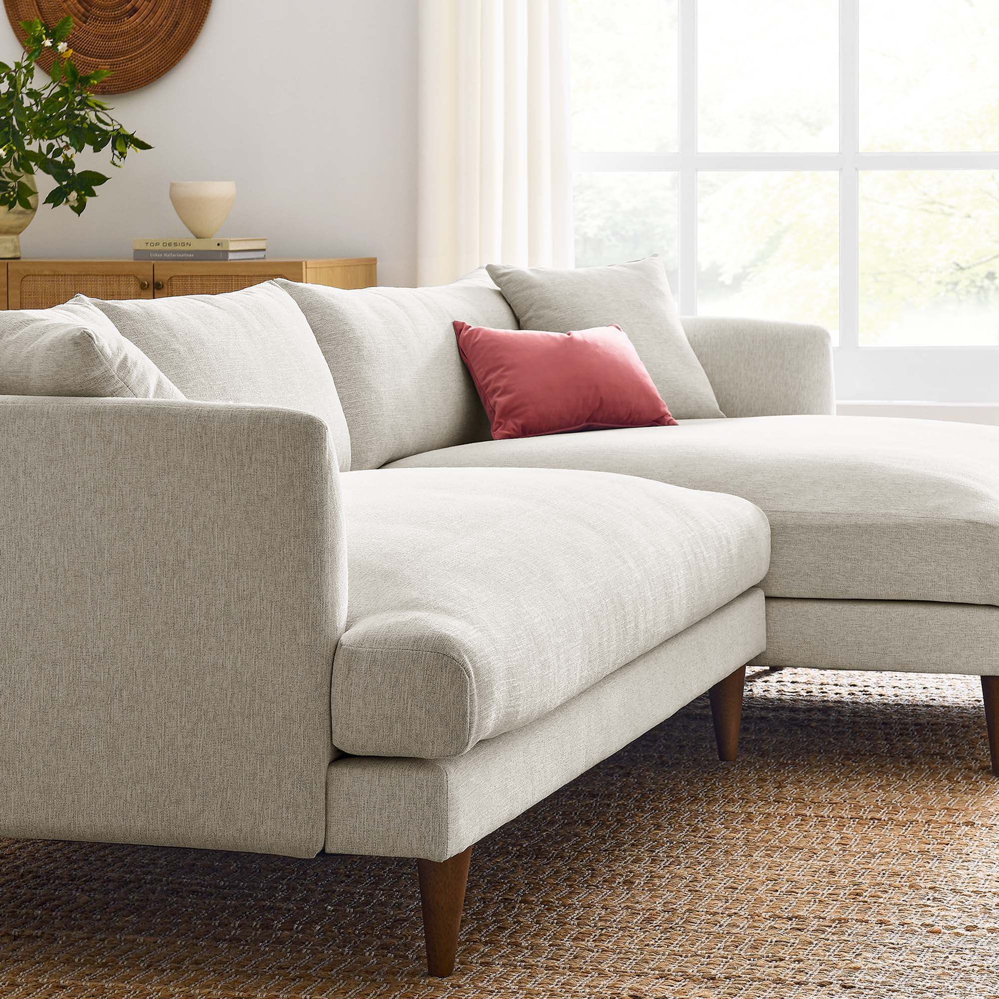 Zoya Right-Facing Down Filled Overstuffed Sectional Sofa - Heathered Weave Ivory