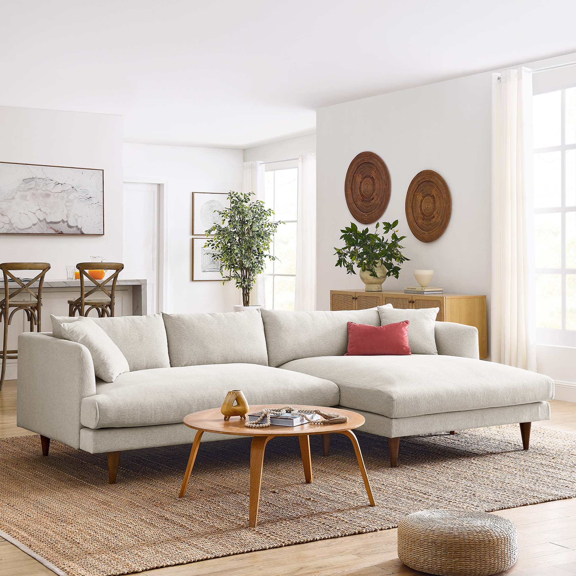 Zoya Right-Facing Down Filled Overstuffed Sectional Sofa - Heathered Weave Ivory