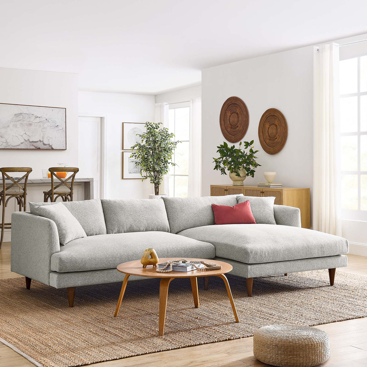 Zoya Right-Facing Down Filled Overstuffed Sectional Sofa - Heathered Weave Light Gray