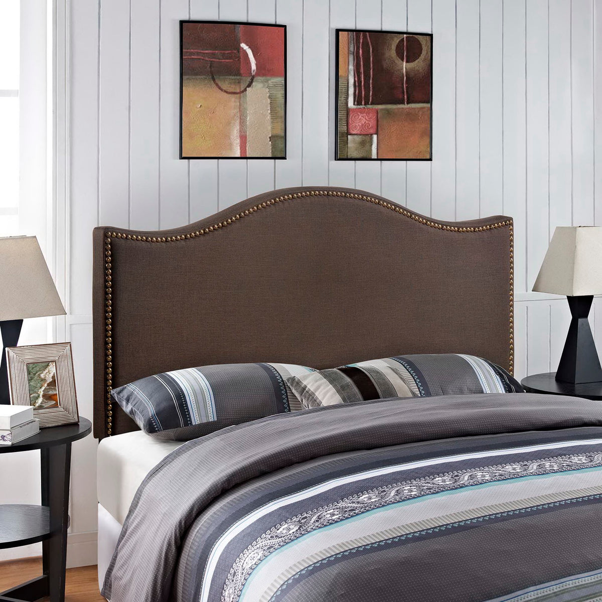 Curl Nailhead Upholstered Queen Headboard - Dark Brown